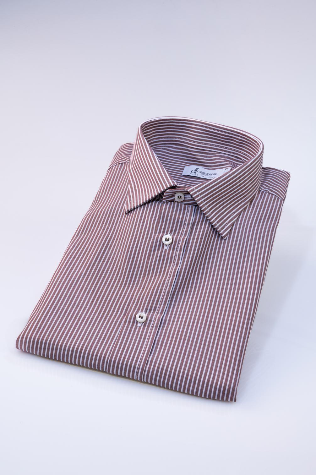 MAR_2178 Camicia Uomo Marrone a Bastoncino Bianco – Colletto Italiano - immagine 1