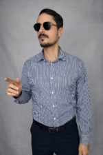 Camicia Uomo Blu – Riga Bianca a Bastoncino – Colletto Italiano