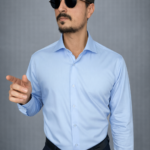 Camicia Uomo Azzurra Stiro Facile con Collo Francese