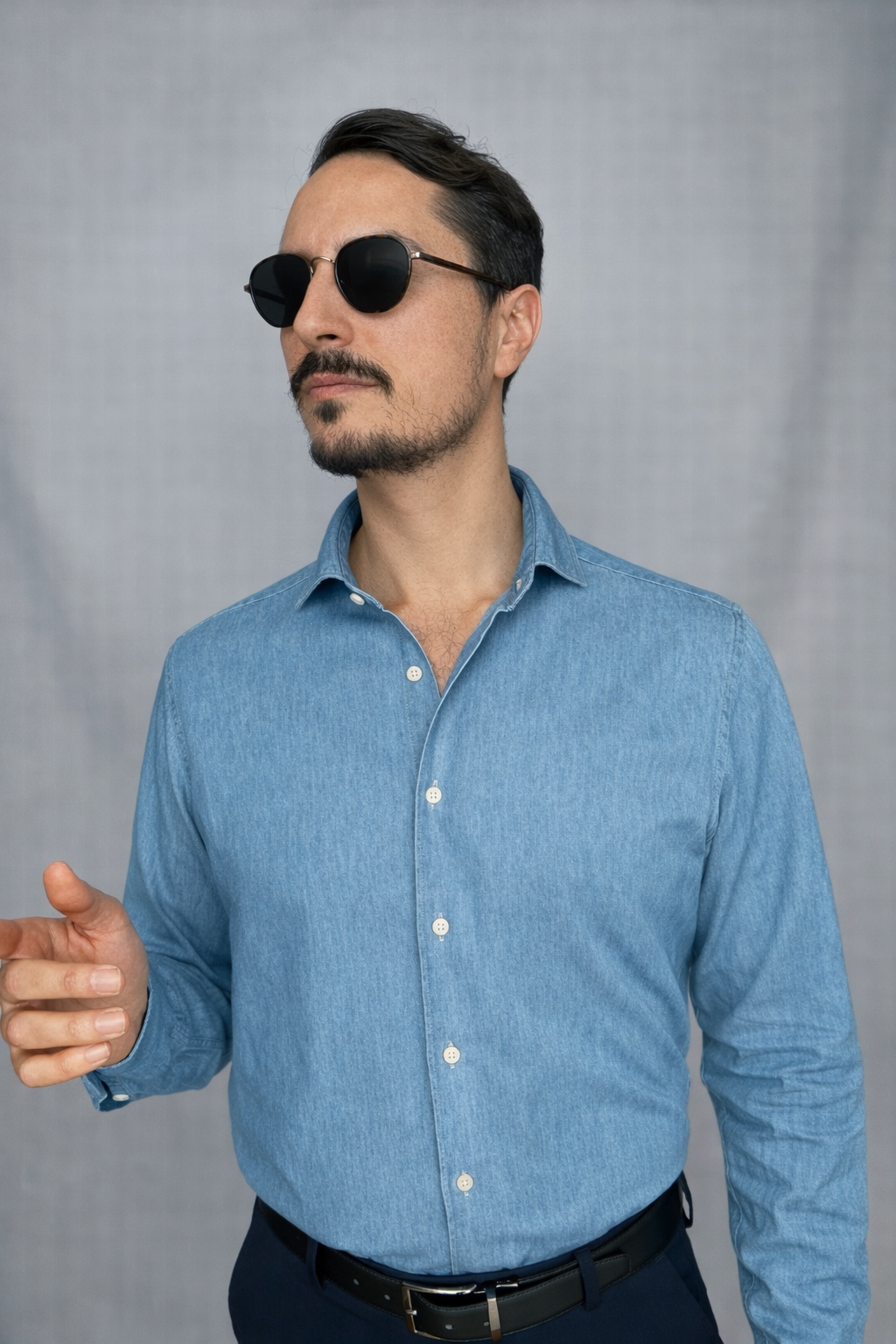 jeans Camicia Uomo Denim Azzurro – Colletto Francese Semi Aperto - immagine 1