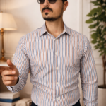Camicia Uomo Riga Blu e Marrone con Collo Italiano